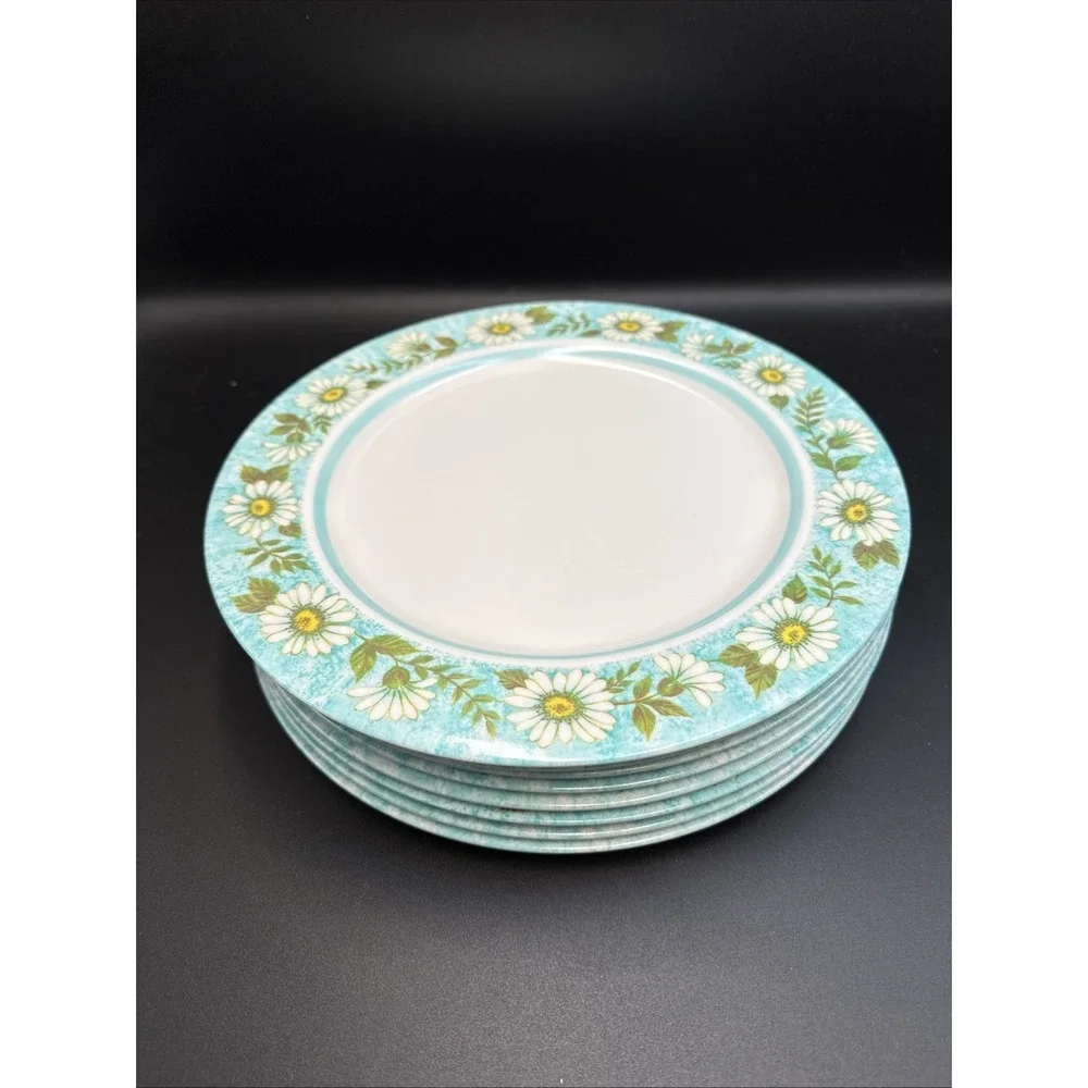 Vintage Oneida Deluxe 3105 Melamine Dinner Plates Daisy Blue Set of 8